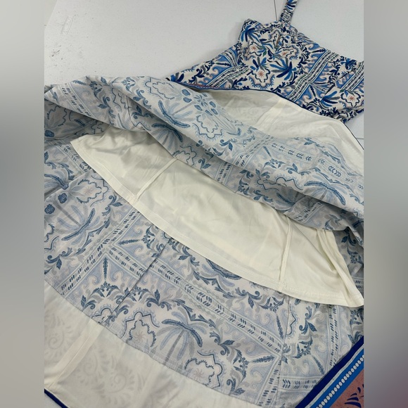 Avec Les Filles Blue Mediterranean Tile Sweetheart Midi Dress Coastal Resort 6 - Picture 9 of 13